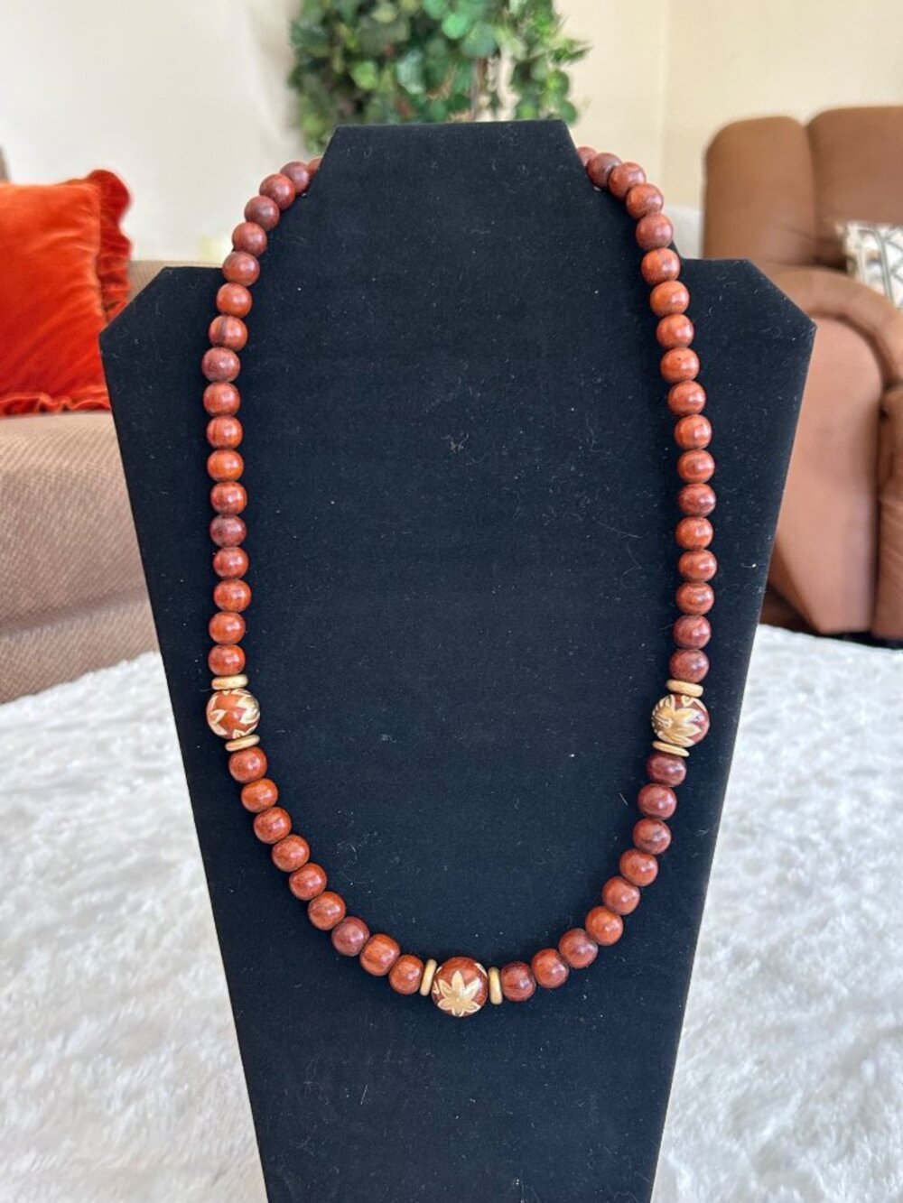 Vintage 80's‎ Brown Wood Beads Beaded Necklace Earthy Neutral Tones
